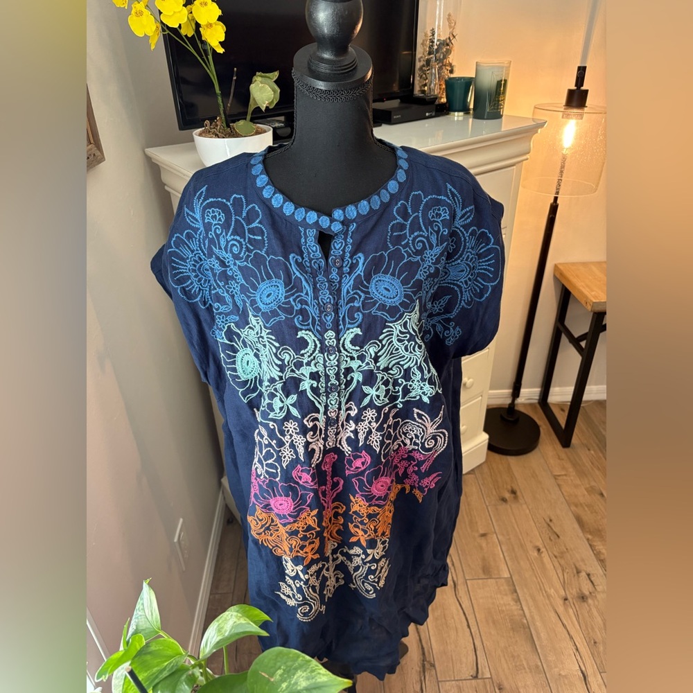 Johnny Was NWOT xxl Floral Embroidered Navy Dress